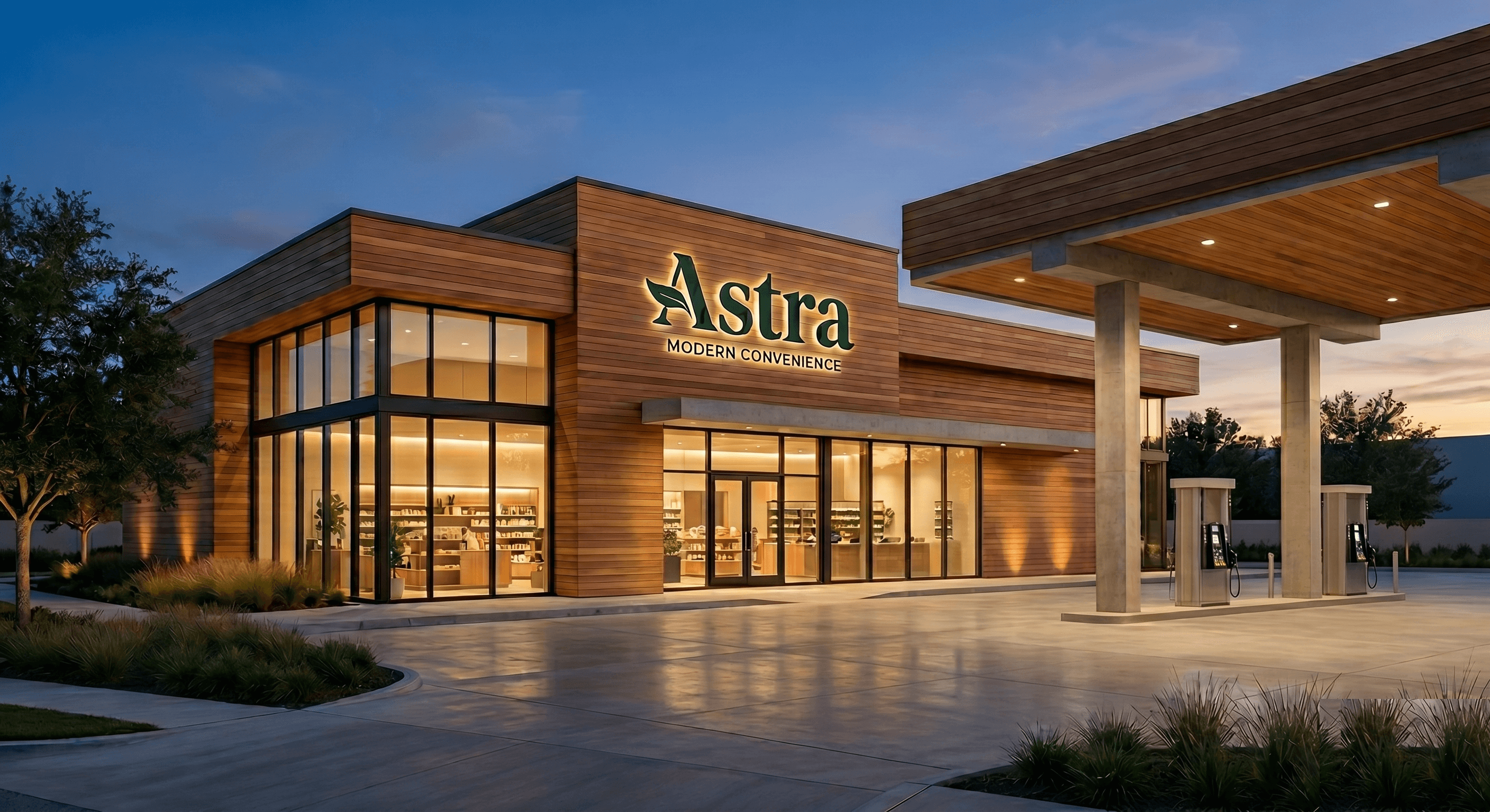 Astra — modern convenience store and fuel canopy at dusk