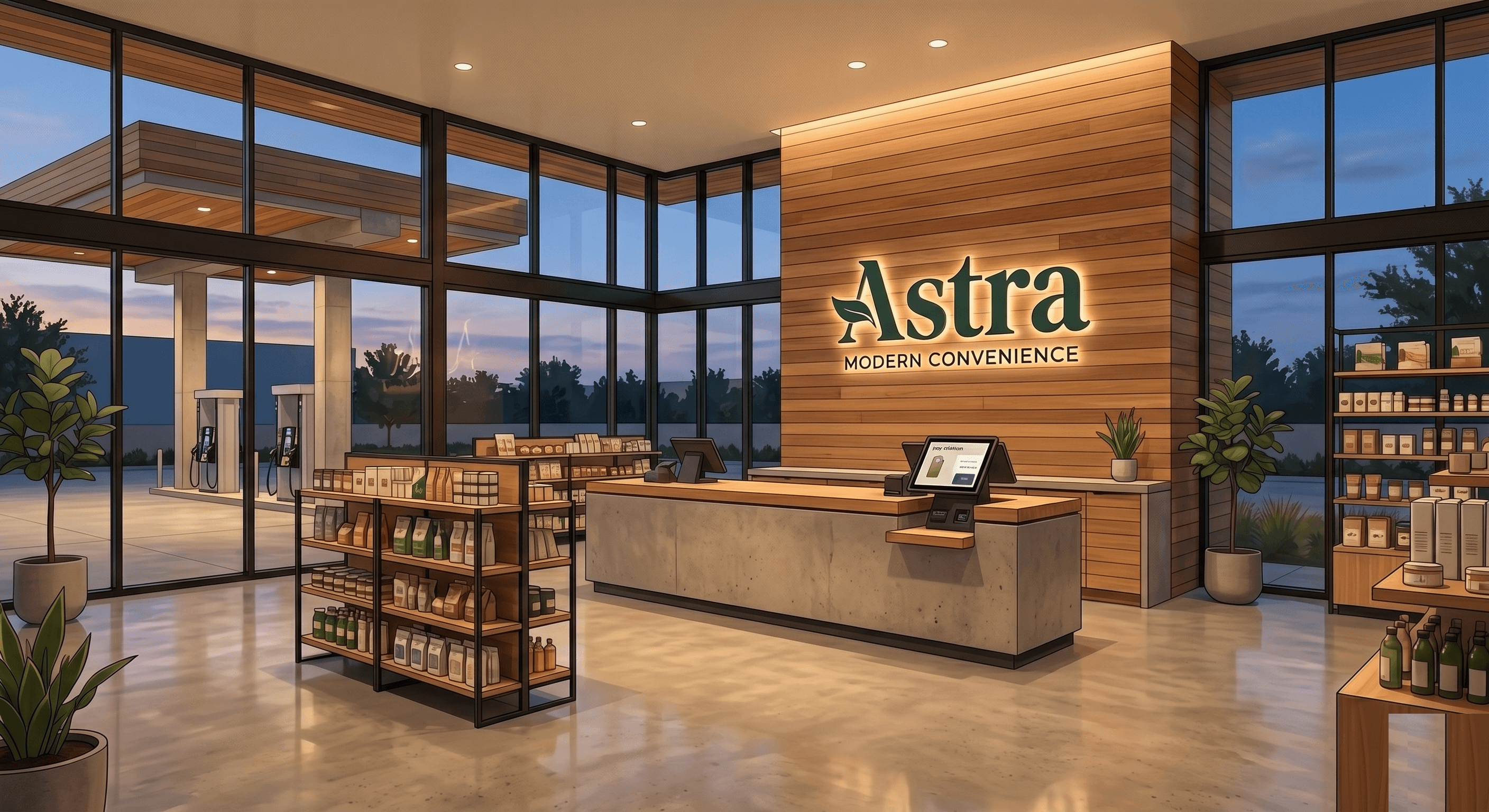 Inside an Astra store — wood-clad counter, lit logo, curated shelves at dusk