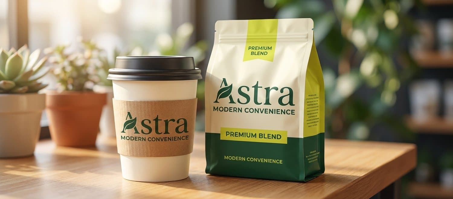 An Astra cup and a Premium Blend coffee bag on a wood table.