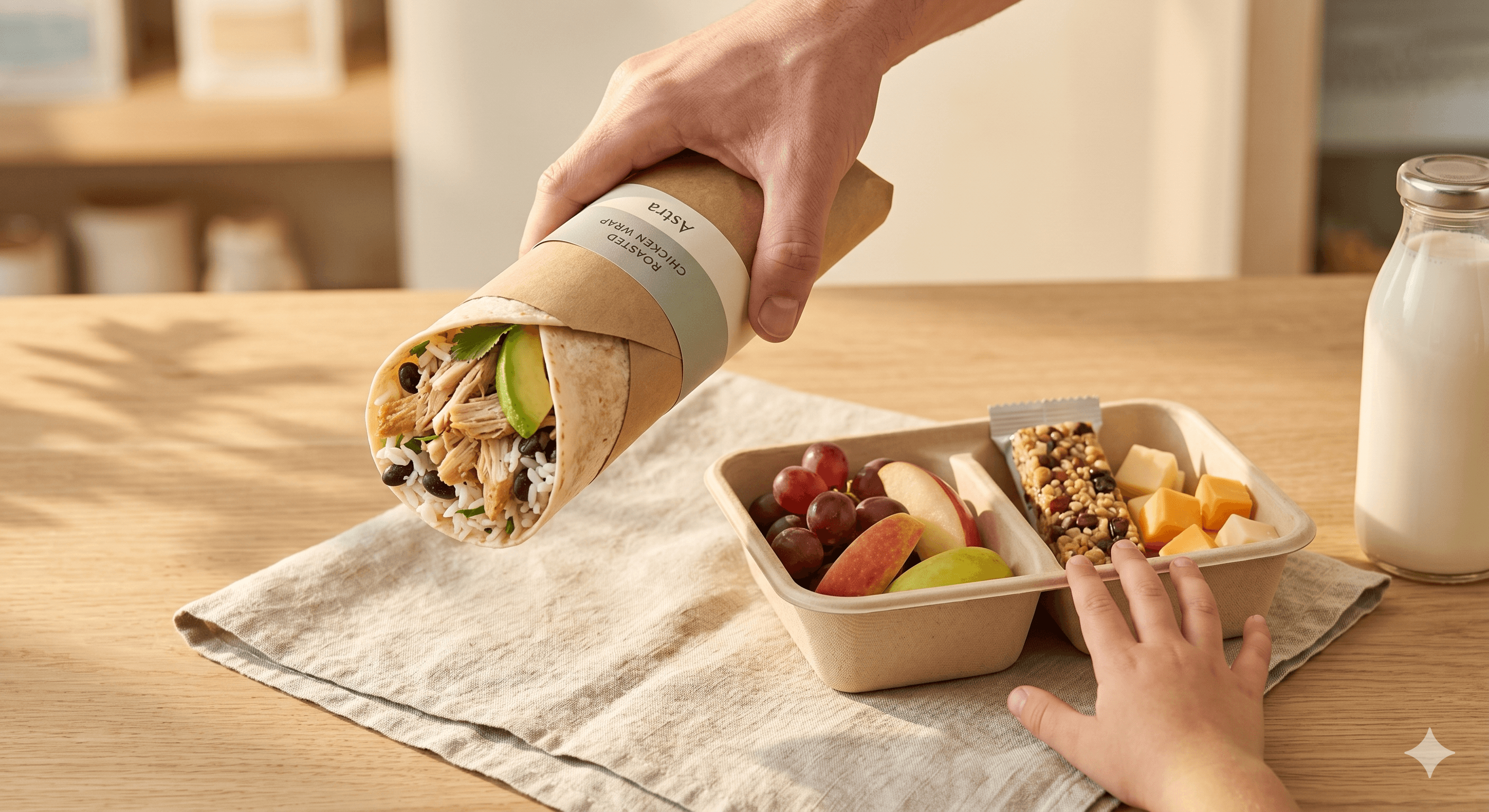 A parent hands a wrap across the kitchen table while a child reaches for a bento meal of fruit, granola, and snacks.