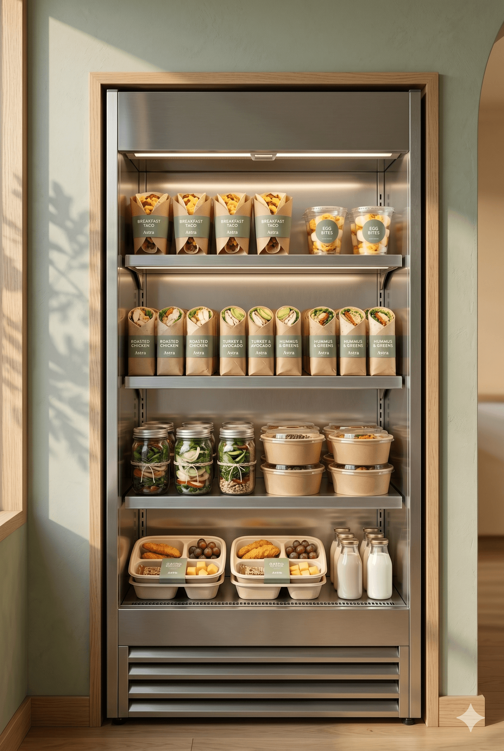 An Astra grab-and-go cooler — wraps, salads in jars, bento meals, and milk bottles.