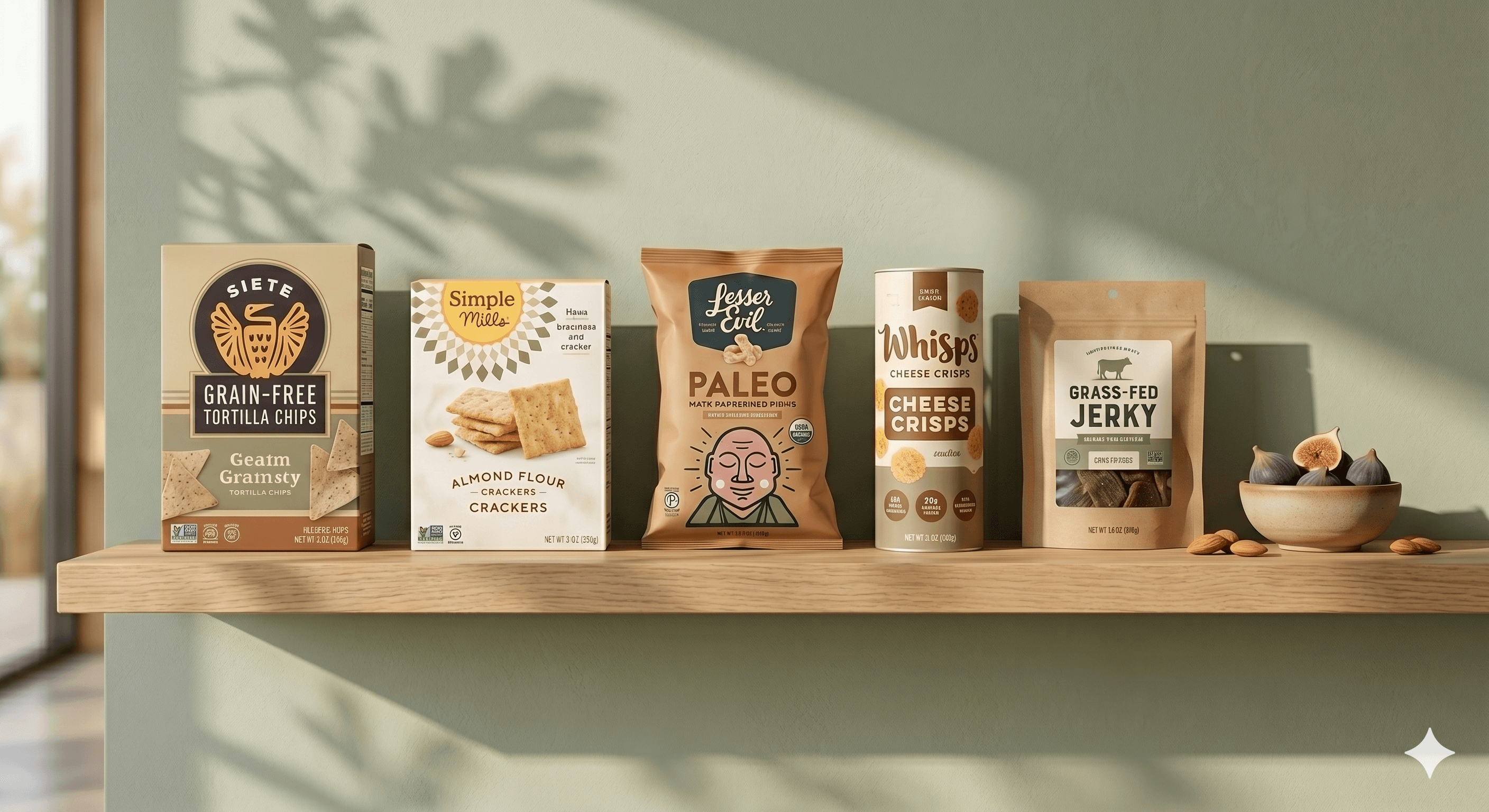 An Astra shelf of curated snack brands — Siete, Simple Mills, Lesser Evil, Whisps, grass-fed jerky.