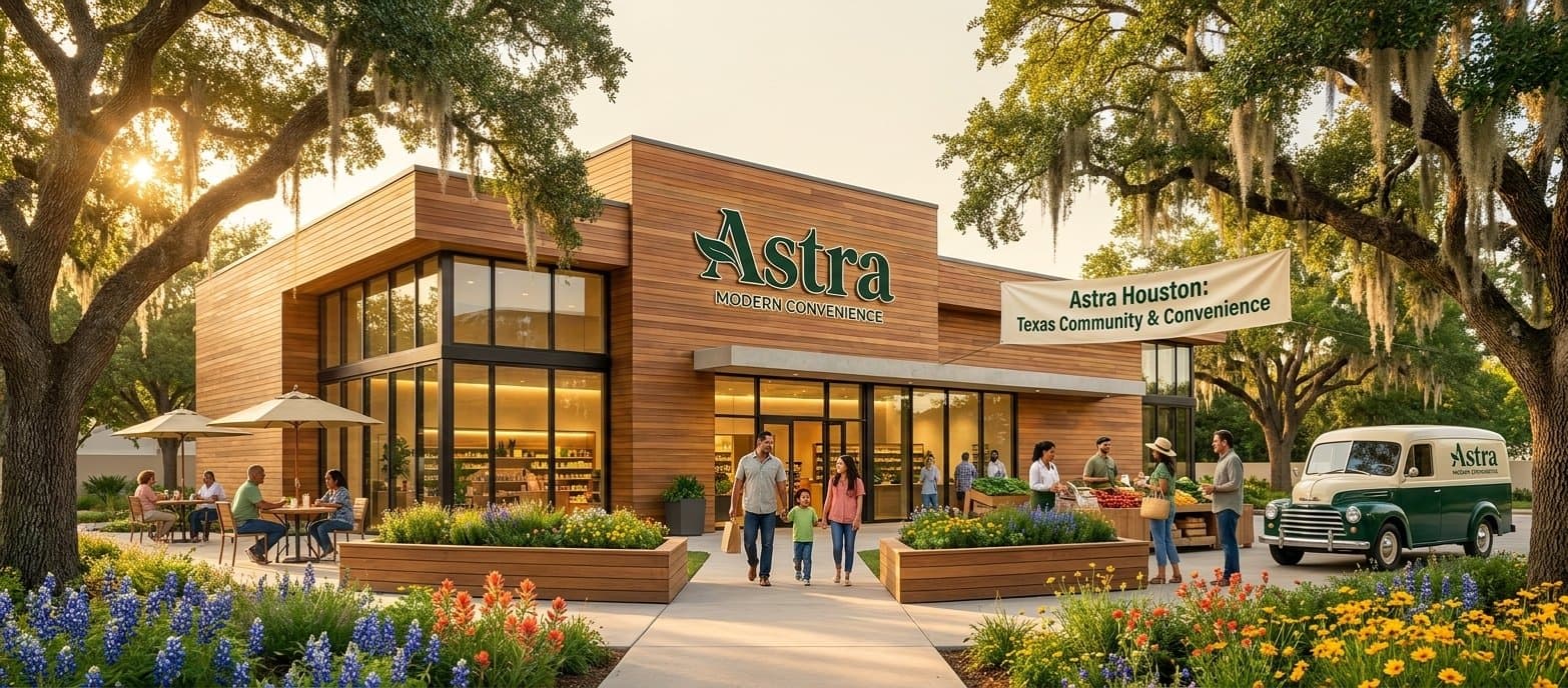 Astra on a golden-hour Houston corner under live oaks — a family walking in, patio dining, and the Astra van