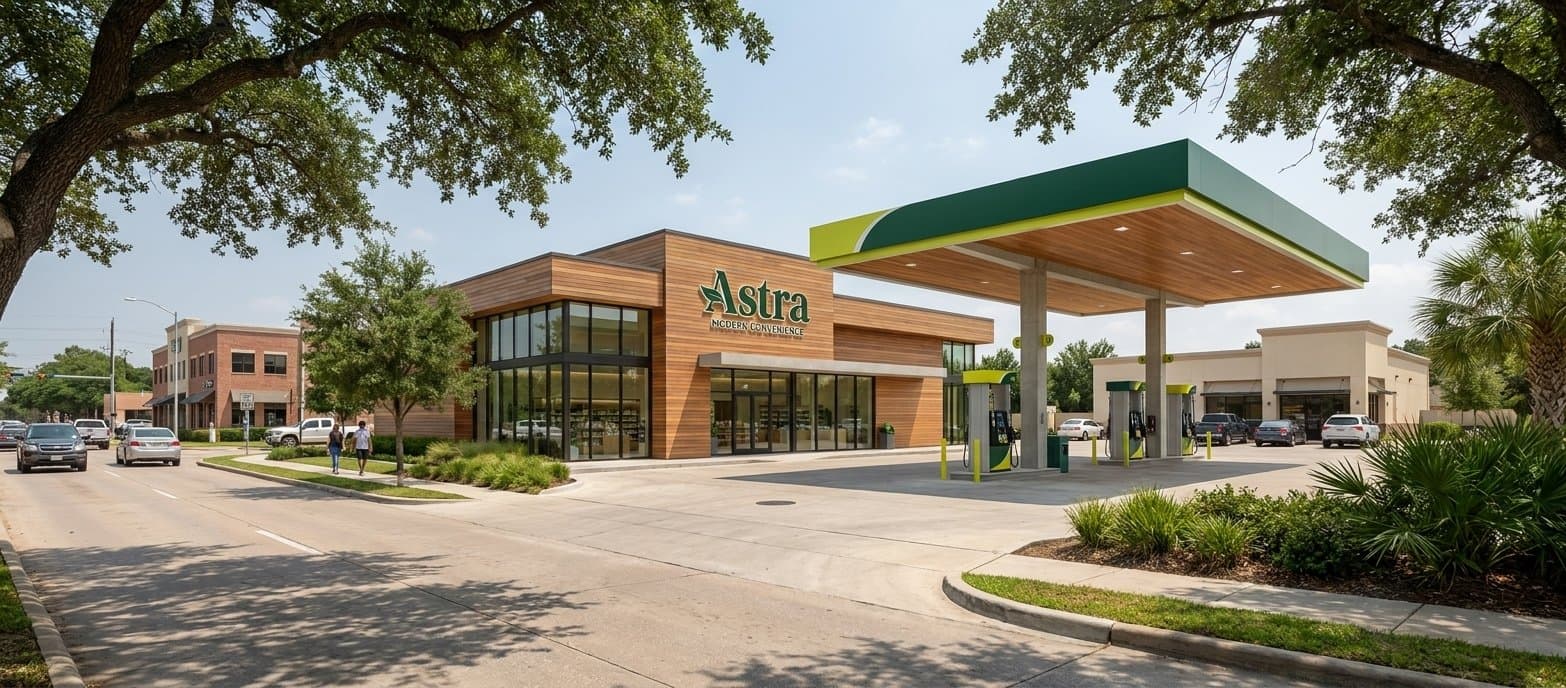 Astra on a sunny Houston street corner — the wood-clad store and the fuel canopy under live oaks.