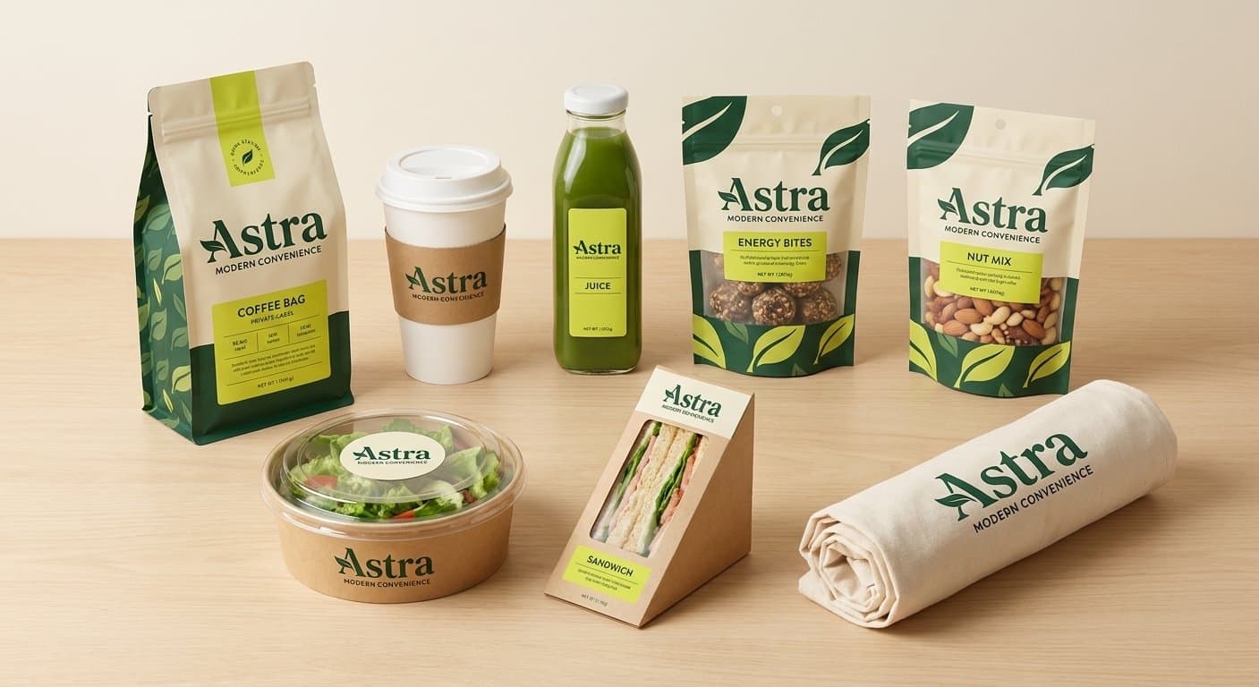 The Astra private-label family — coffee, cold-press juice, energy bites, nut mix, a salad, a sandwich, and a cotton tote.