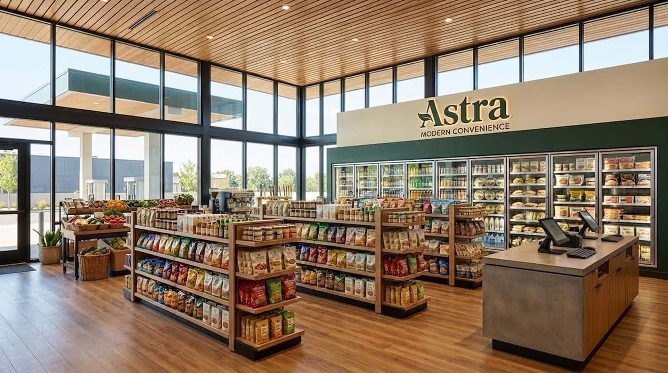 Inside an Astra store — food-forward shelves, fresh produce, a glass-door cooler wall, and a wood-clad cash wrap under a slatted ceiling